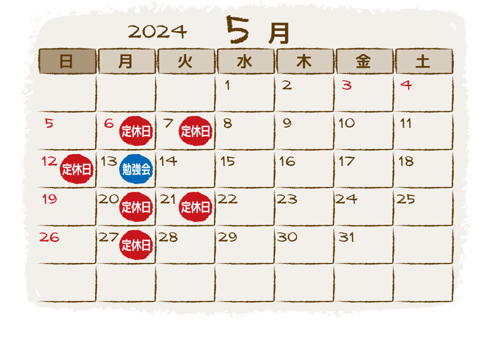 富士宮市の美容室ラフの2024年5月の営業日・定休日カレンダー